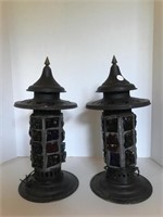 Nice Pr Metal Lanterns w/Colored Glass Stones