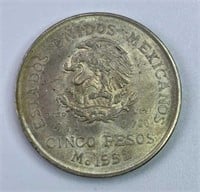 1952 Mexico Silver 5 Pesos, AU-UNC w/ Luster