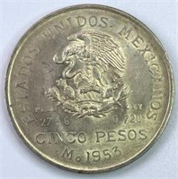 1953 Mexico Silver 5 Pesos, AU-UNC w/ Luster