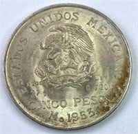 1953 Mexico Silver 5 Pesos, UNC w/ Luster/Tone