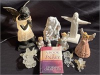 Religious figurines including cream angel light (