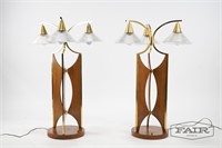Pair of Sculptural Walnut, Brass and Glass Lamps