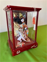 Japanese Geisha Doll in Glass / Wood Display Case