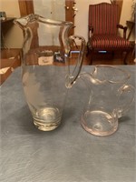 6 1/2" clear pitcher and 12" etched floral pitcher