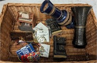 WICKER TRAY OF ASSSORTED- CUPS, MISC