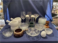 Wood Vase, Bowls, Wine Glasses, Crocks