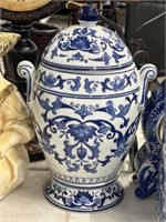 Large blue / white canister with lid
