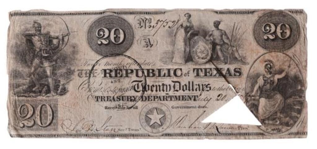 1839 Republic of Texas $20 "Redback" Note