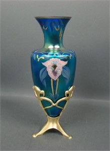 Fenton Favrene Lily Decorated Vase in Brass Stand
