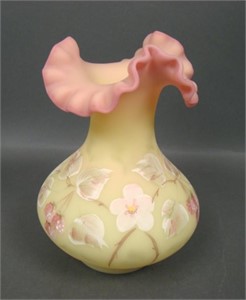 1991 Fenton Burmese Flora & Berry Decorated Vase