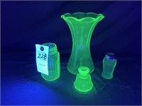 VTG Uranium Depression Glass Vase, Inkwell, Salt