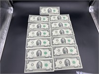 13 Uncirculated $2 notes: first 11 are sequential,