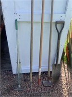 Garden tools: rakes, spade, hoe