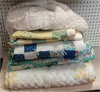 Misc. quilts & one round doily tablecloth