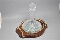 Crystal Brandy Decanter on Wooden Tray w Handles