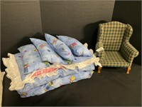 Nice Doll Bedding & Doll Wing Back Chair.