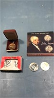 Eagle pins, John Adams coins,foreign money