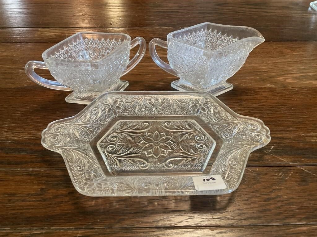 3 PC CRYSTAL TABLE SET - INDIANA GLASS - CREAM,