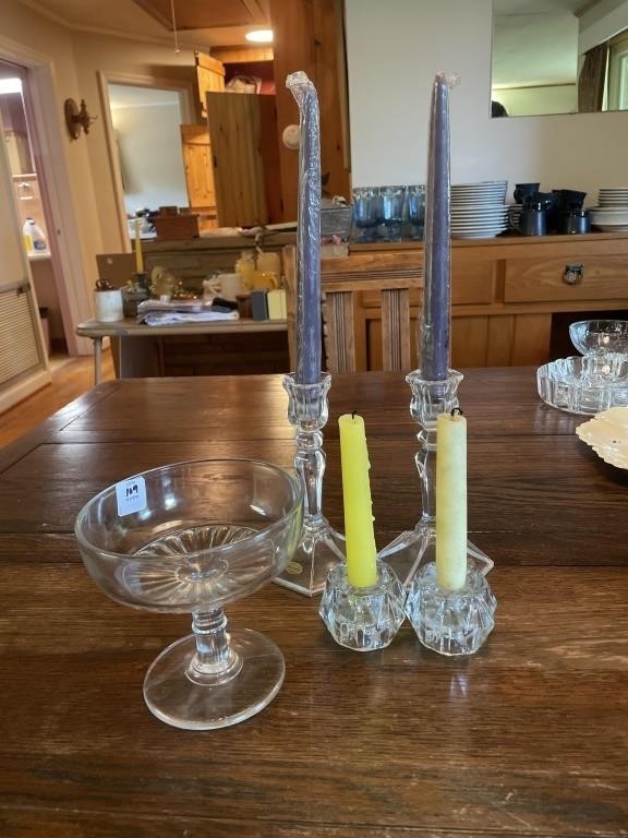 2 PAIRS OF CANDLESTICKS AND 1 COMPOTE