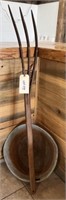 Early Wooden Hay Fork & Tin Wash Tub