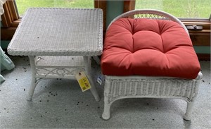White Wicker Patio Chair with Cushion and Side