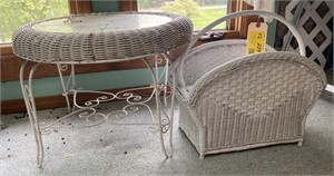 White Wicker Etched Mirror Top Side Table and
