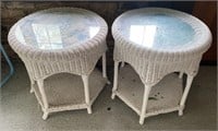 White Wicker Patio Glass Top Side Tables,