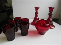 Ruby Glass 5 Juice Glasses, Pair Candle Holders,