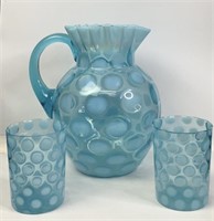 Northwood Blue Opalescent Coin Dot Pitcher &