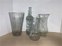 3 Glass Vases And Bottle