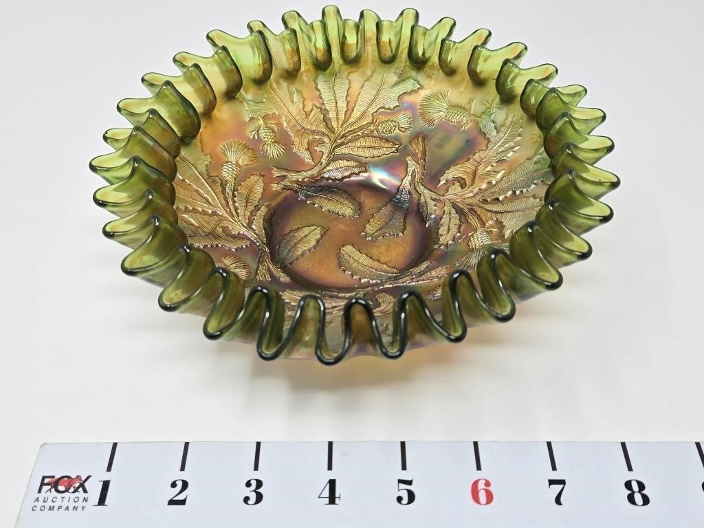 Green Fenton Thistle Carnival Glass Bowl