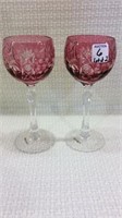 2 Clear Stem Ornate Cranberry  Goblets