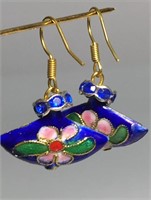 3 FAN PIERCED DROP DANGLE EARRINGS BLUE ENAMEL