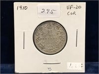 1910 Canadian Silver 25 Cent Piece  VF20