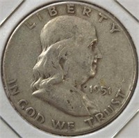Silver 1951 Franklin half dollar