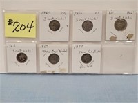(6) 3-cent Nickels (2) 1865, (2) 66, 67, 72 w/Hole