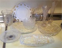 Lot of pressed glass bowls, vases, berry bowl set