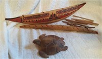 Wood carved turtle and boat with parts