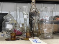 3 Glass Vases - Decanter - Jar & 2 Candlesticks