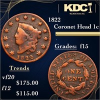 1822 Coronet Head Large Cent 1c Grades f+