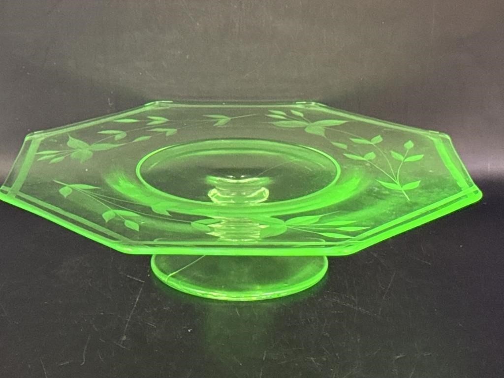 Octagon Vaseline Glass Cake Plate 10 1/2”