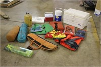 Life Vests, Coolers, Camp Grill, Lantern, Tent,