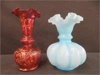 CRANBERRY GLASS VASE & BLUE ART GLASS VASE
