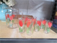 Vintage Tulip, Pitcher & Glass (8) Set