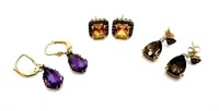 3 Pr. 14K Gold Earrings - Citrine, Amethyst, Etc.