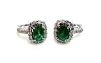 Pr. 14K White Gold Earrings - Emerald & Diamonds.