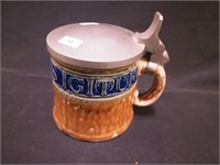 Vintage stoneware beer stein with pewter lid, 6"