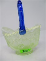 Vaseline Glass Basket with Cobalt Handle - 71/2"