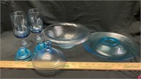 Vintage Blue Swirl Bowl, Water Glasses(2), Candle