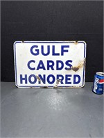 GULF CARDS HONORED DOUBLE SIDED PORCELAIN SIGN